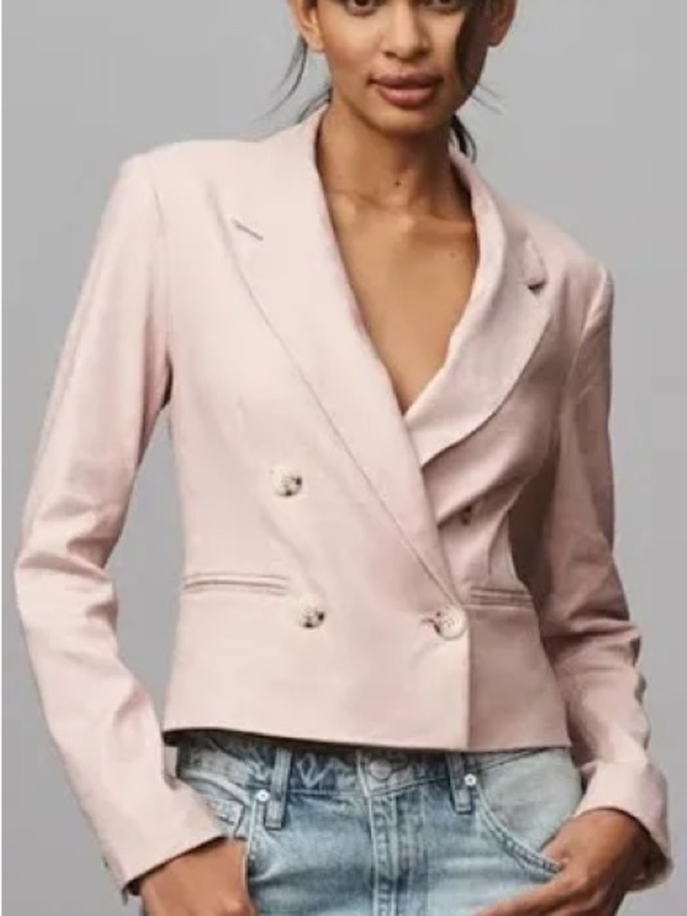 Maeve Blush Pink Double-Breasted Linen Blend Blazer in Petite Small LIKE NEW